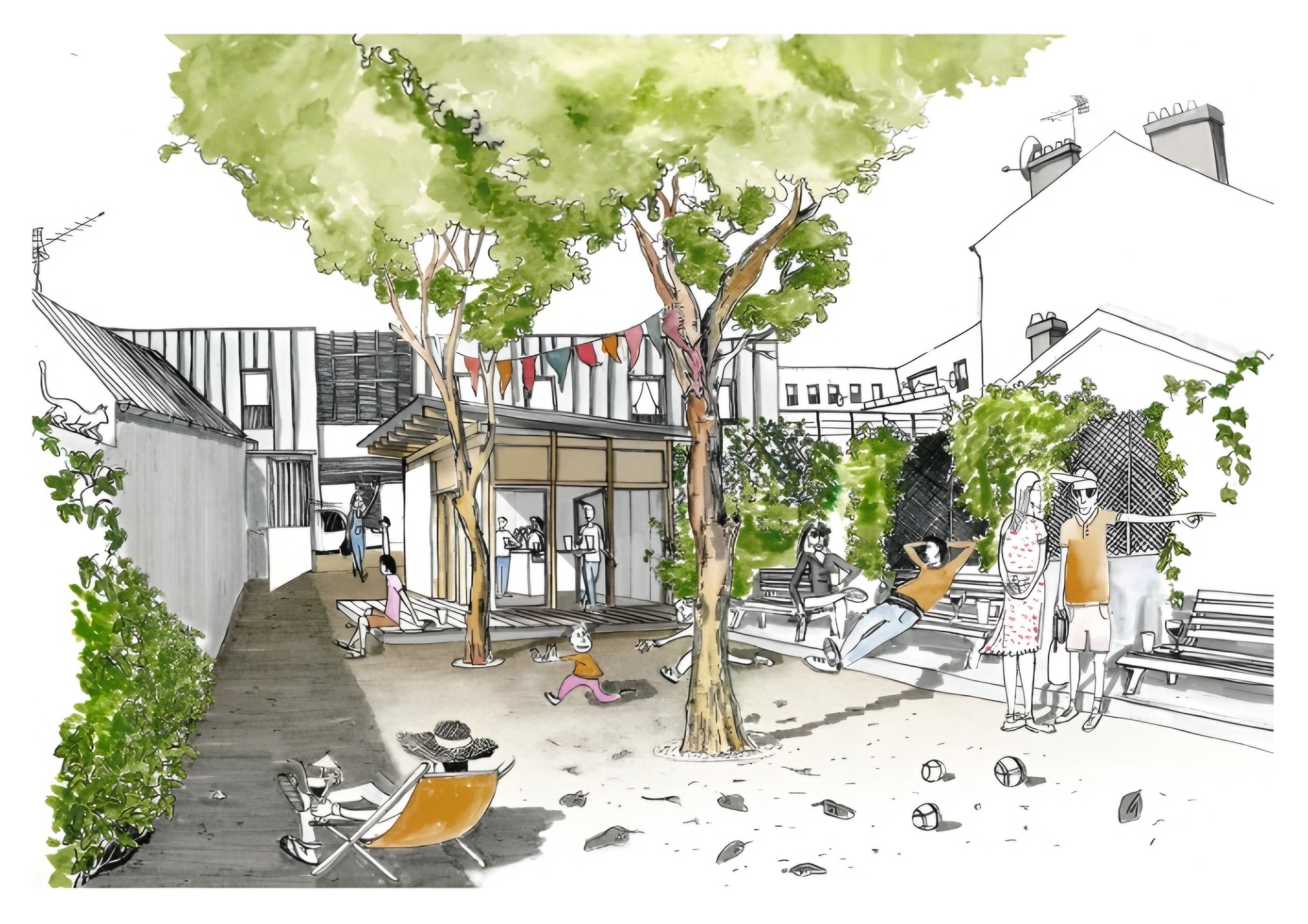 Illustration du Café Associatif Le Village — terrasse ensoleillée avec arbres et habitants du quartier